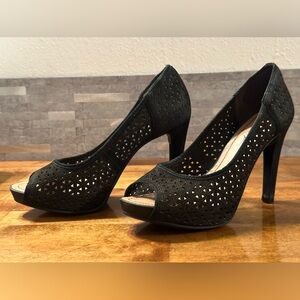 Sofia Z Black Rhinestone Peep Toe Heels - Size 7 | Platform High Heels